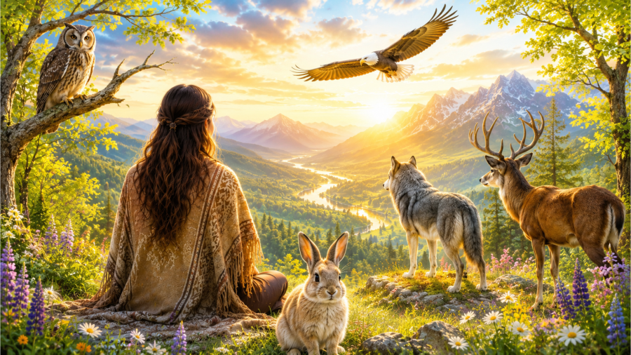Rabbit, owl, eagle, wolf and deer representing animal spirit guides, power animals, animal wisdom and spiritual guidance in nature.