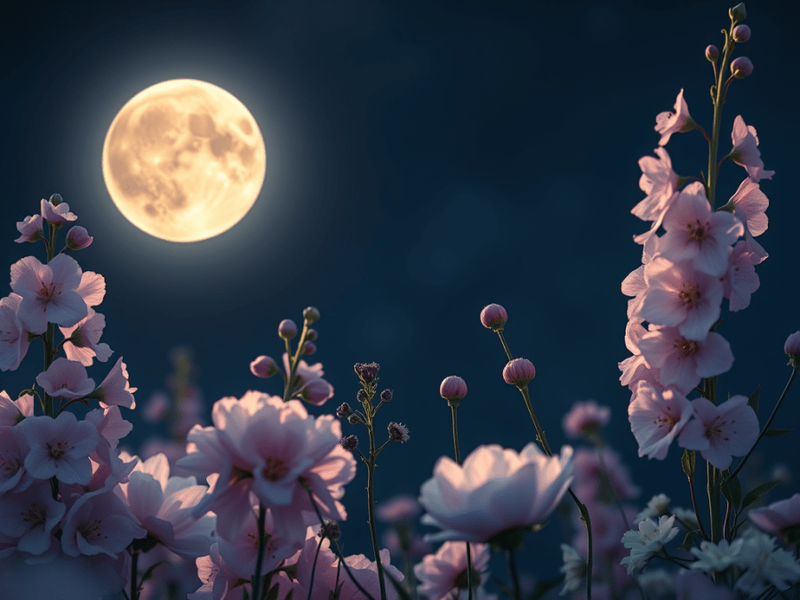 Soft-focus full moon glowing in a starry night sky, surrounded by lilacs, hollyhocks, and spring flowers, symbolizing the May Full Flower Moon 2025 in Scorpio.