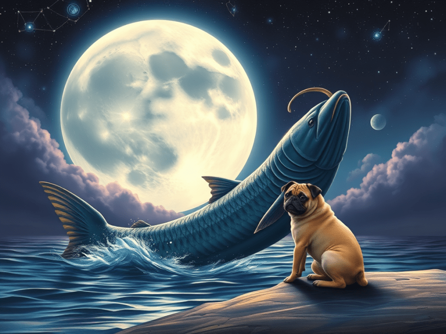 Illustration of a glowing full moon over the ocean at night. A large sturgeon leaps out of the water while a pug sits calmly on a rock in the foreground, watching the fish. Star constellations glimmer in the sky, evoking a mystical, celestial atmosphere