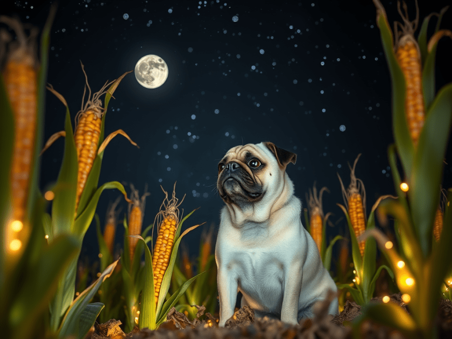 Pug sitting in a cornfield under a starry night sky, with corn stalks glowing in soft starlight and a bright moon above. Mystical and ethereal harvest scene