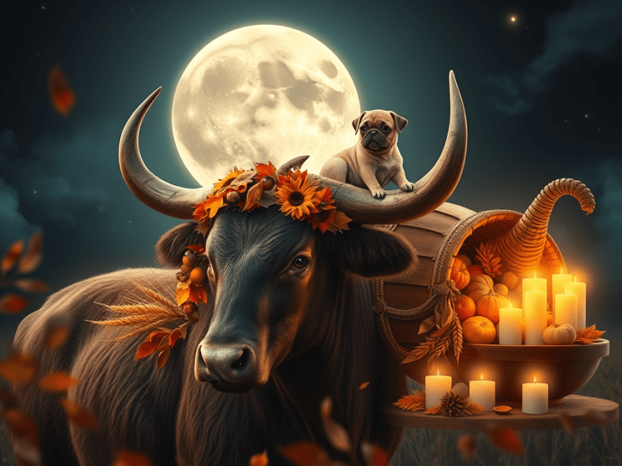 A serene Taurus bull crowned with autumn flowers and leaves stands beneath a glowing full moon, a small pug perched playfully on its back beside a cornucopia overflowing with candles, pumpkins, and fruit — symbolizing the November Full Beaver Moon, gratitude, and abundance.