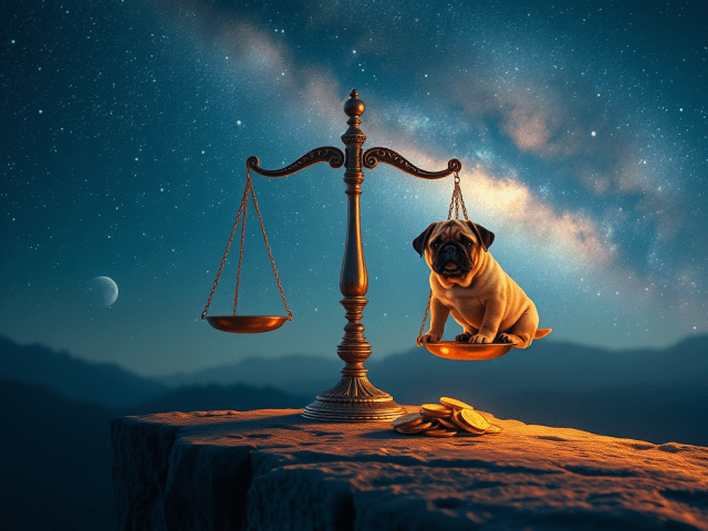 A pug sitting gracefully on a Libra balance scale beneath a glowing Milky Way night sky, symbolizing balance, harmony, and abundance during the October 2025 New Moon in Libra, created for Psychic Jenny E. Weeks.