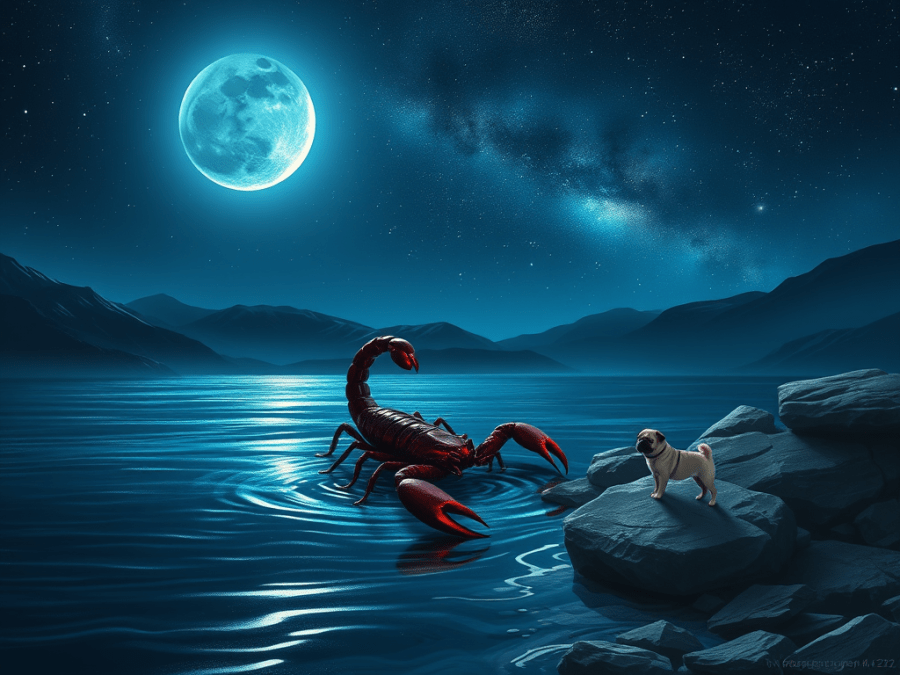 A mystical night scene with a crescent moon and Milky Way sky above a rocky ledge. A pug sits on the ledge, looking at a maroon scorpion emerging from the water below. The moonlight highlights the pug, the rock, and the scorpion’s red shine, symbolizing Scorpio New Moon shadow work and transformation
