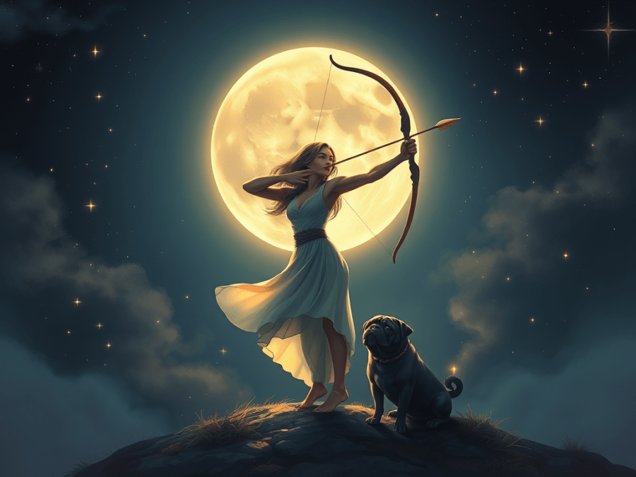 New Moon in Sagittarius December 2025 illustration featuring a Sagittarius archer with a loyal pug under moonlight