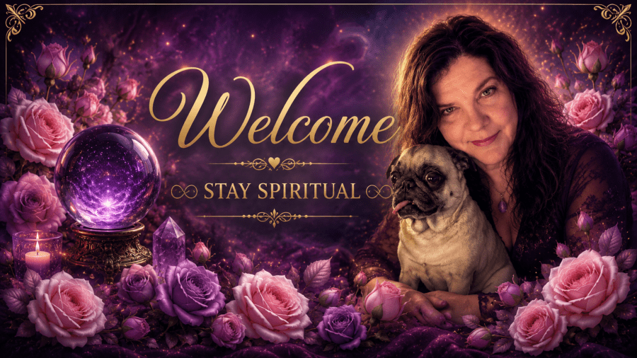 Jenny Weeks and her pug Pasha with a crystal ball and pink roses in a purple spiritual welcome banner.