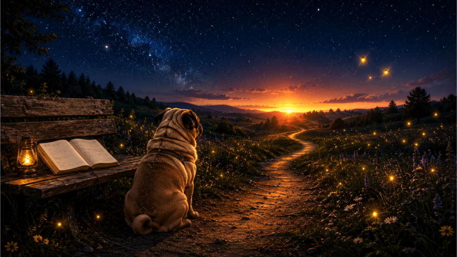 Pug sitting beside a blank journal on a wooden bench under a star-filled sky with fireflies, a winding path, and a glowing horizon symbolizing new beginnings and the Gemini New Moon.