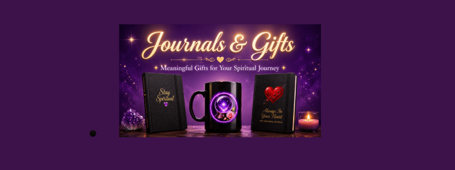 Banner featuring the Stay Spiritual Journal, Psychic Jenny Crystal Ball Mug, and Always in Your Heart Pet Memorial Journal from the Psychic Jenny Journals & Gifts collection.