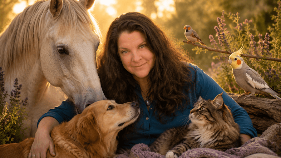 Jenny Weeks, psychic animal communicator and Reiki practitioner, surrounded by a horse, dog, cat, finch, and cockatiel, representing intuitive pet communication, animal Reiki healing, pet loss support, and spiritual connections with animals.