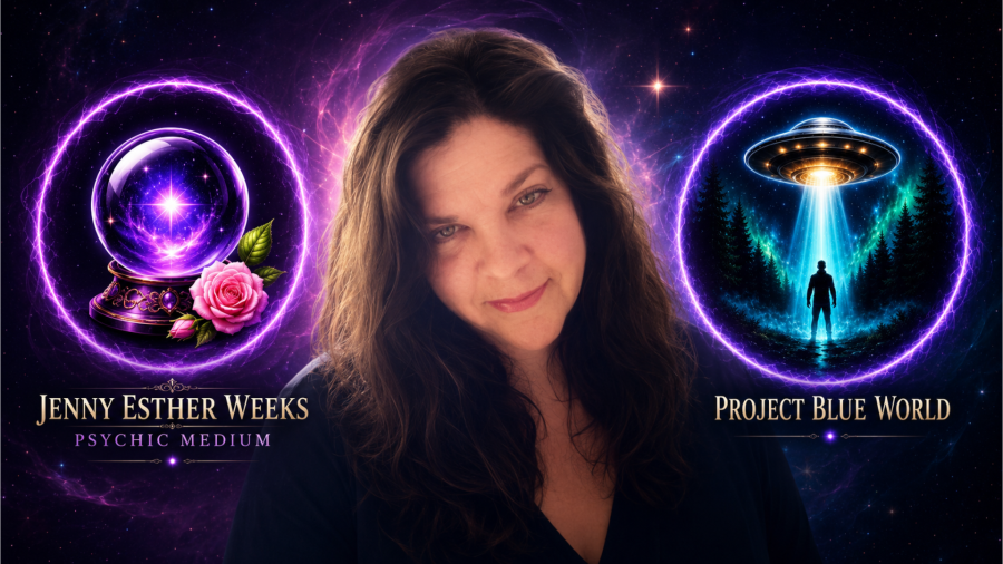 Jenny Esther Weeks featured between her Psychic Medium YouTube channel and Project Blue World YouTube channel, representing spiritual guidance, mediumship, animal communication, UFO research, paranormal mysteries, unexplained phenomena, and personal growth.