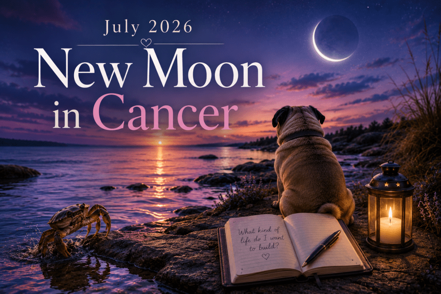 Pasha the pug sits beside an open journal and glowing lantern on a peaceful rocky shoreline as a crab emerges from the water beneath the July 2026 New Moon in Cancer, symbolizing intuition, healing, and new beginnings.
