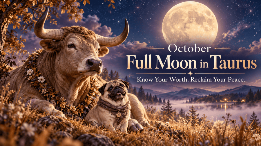 A majestic Taurus bull and Pasha the pug beneath a glowing October Full Moon, surrounded by a peaceful autumn landscape, symbolizing self-worth, stability, and inner peace.