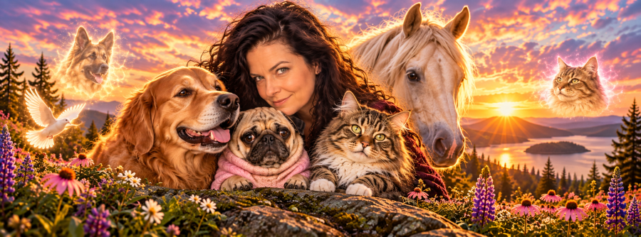 Pet psychic and animal communicator Jenny E. Weeks with a pug, golden retriever, cat and horse, surrounded by spirit animals representing animal communication with living and deceased pets.